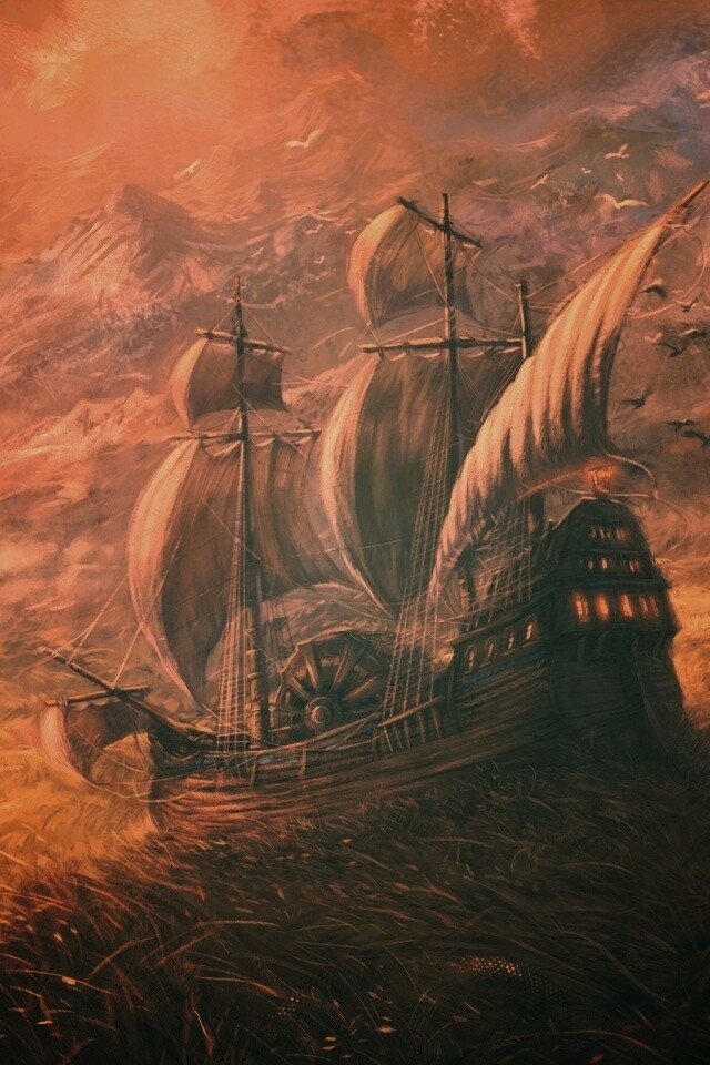Корабль в море травы обои
