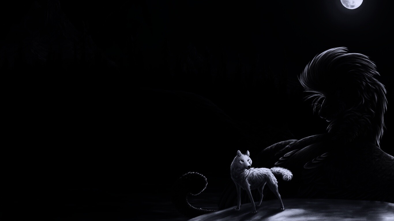 Волк и лев при луне обои