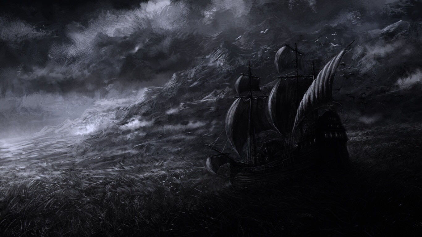 Корабль в море травы обои