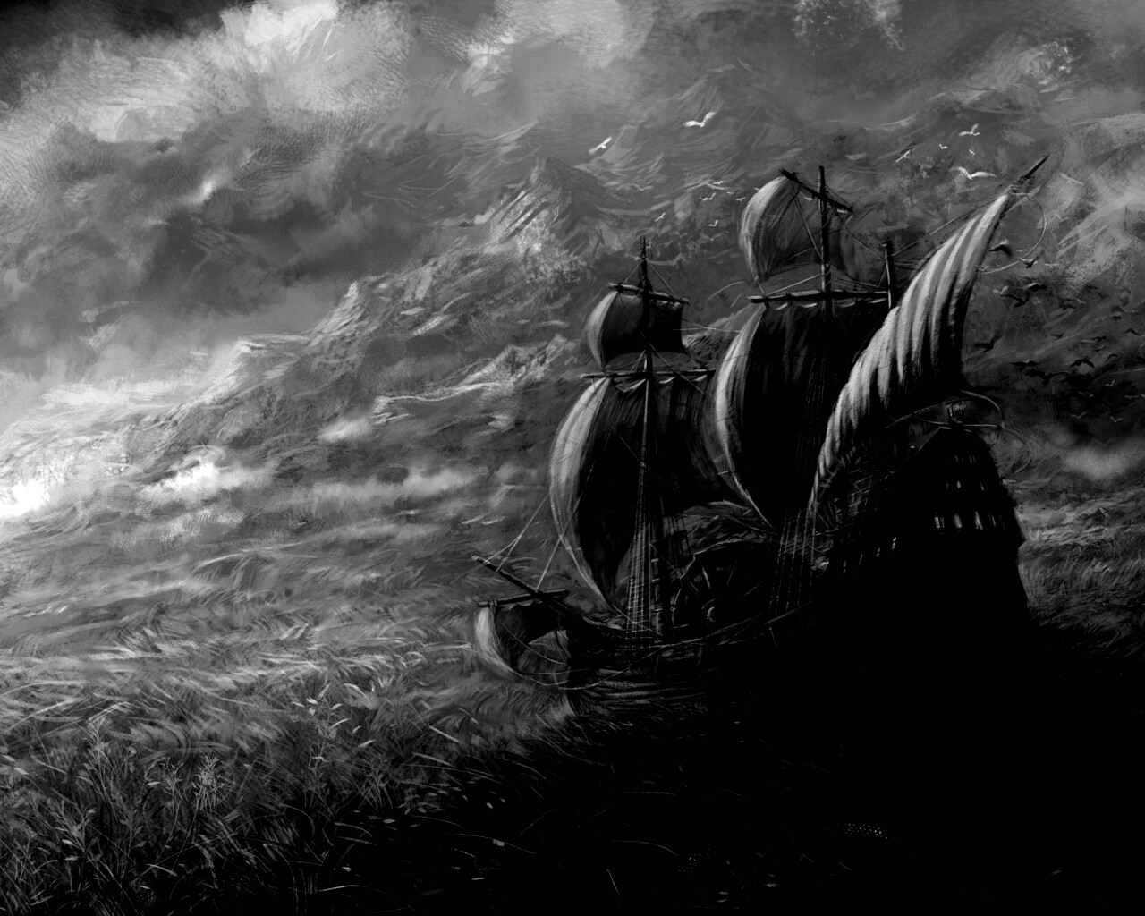 Корабль в море травы обои