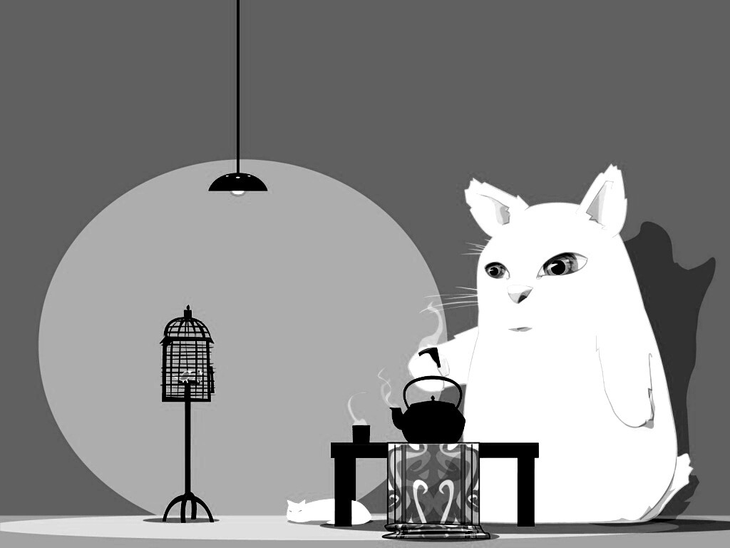 Кот пьет чай обои