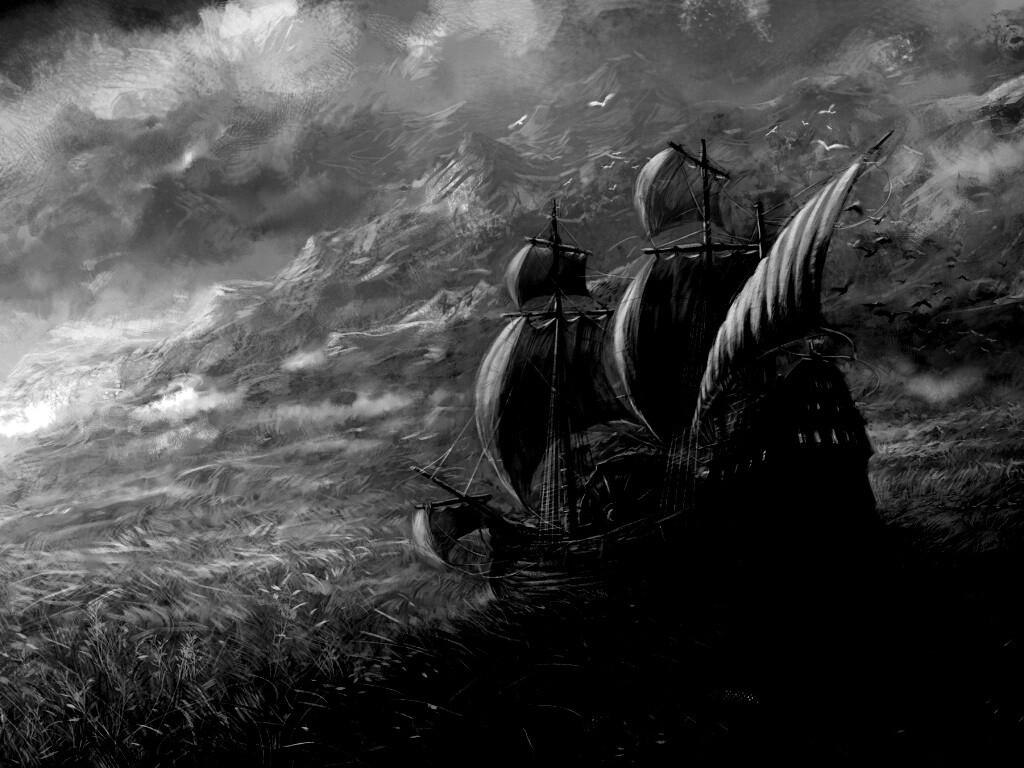 Корабль в море травы обои