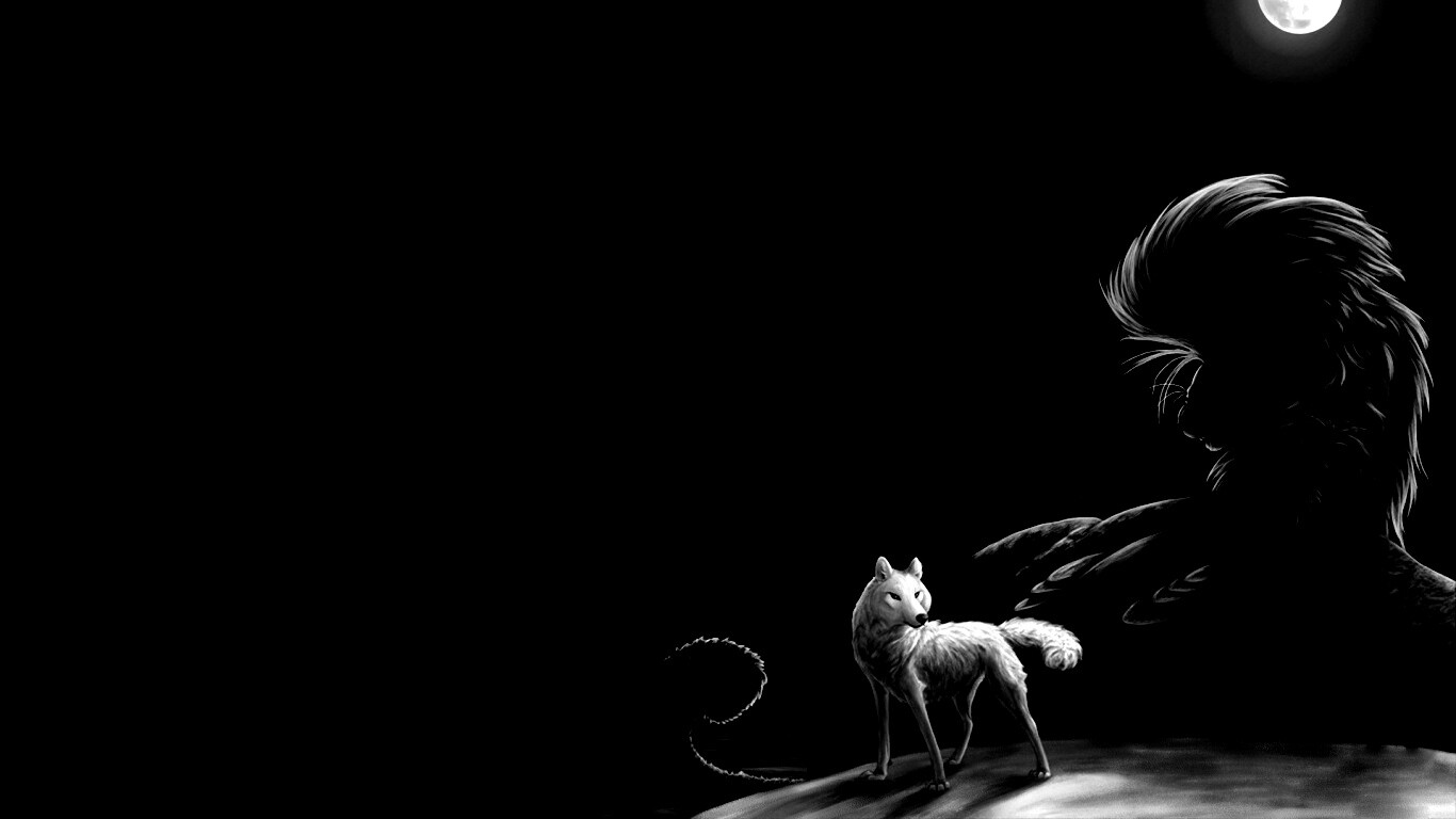 Волк и лев при луне обои