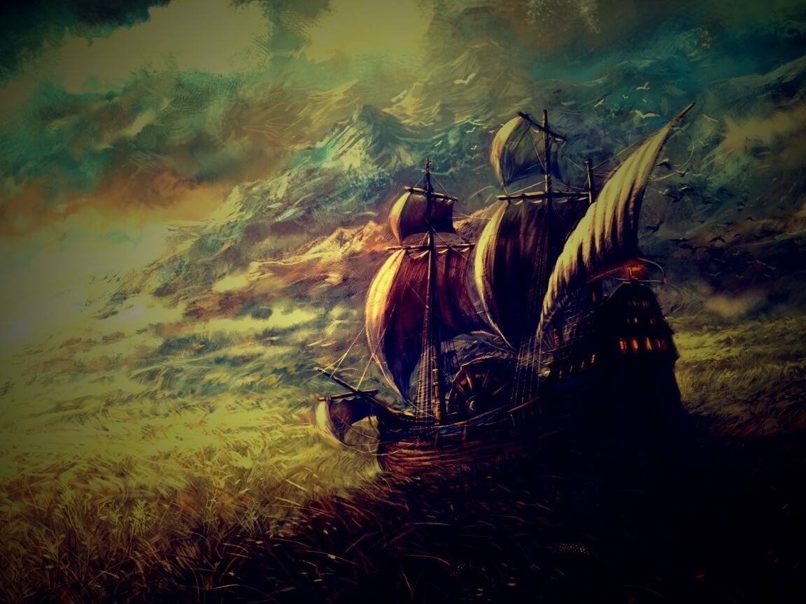 Корабль в море травы обои