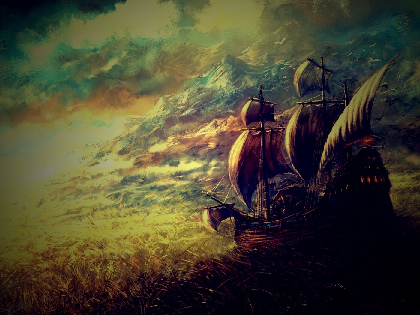 Корабль в море травы обои