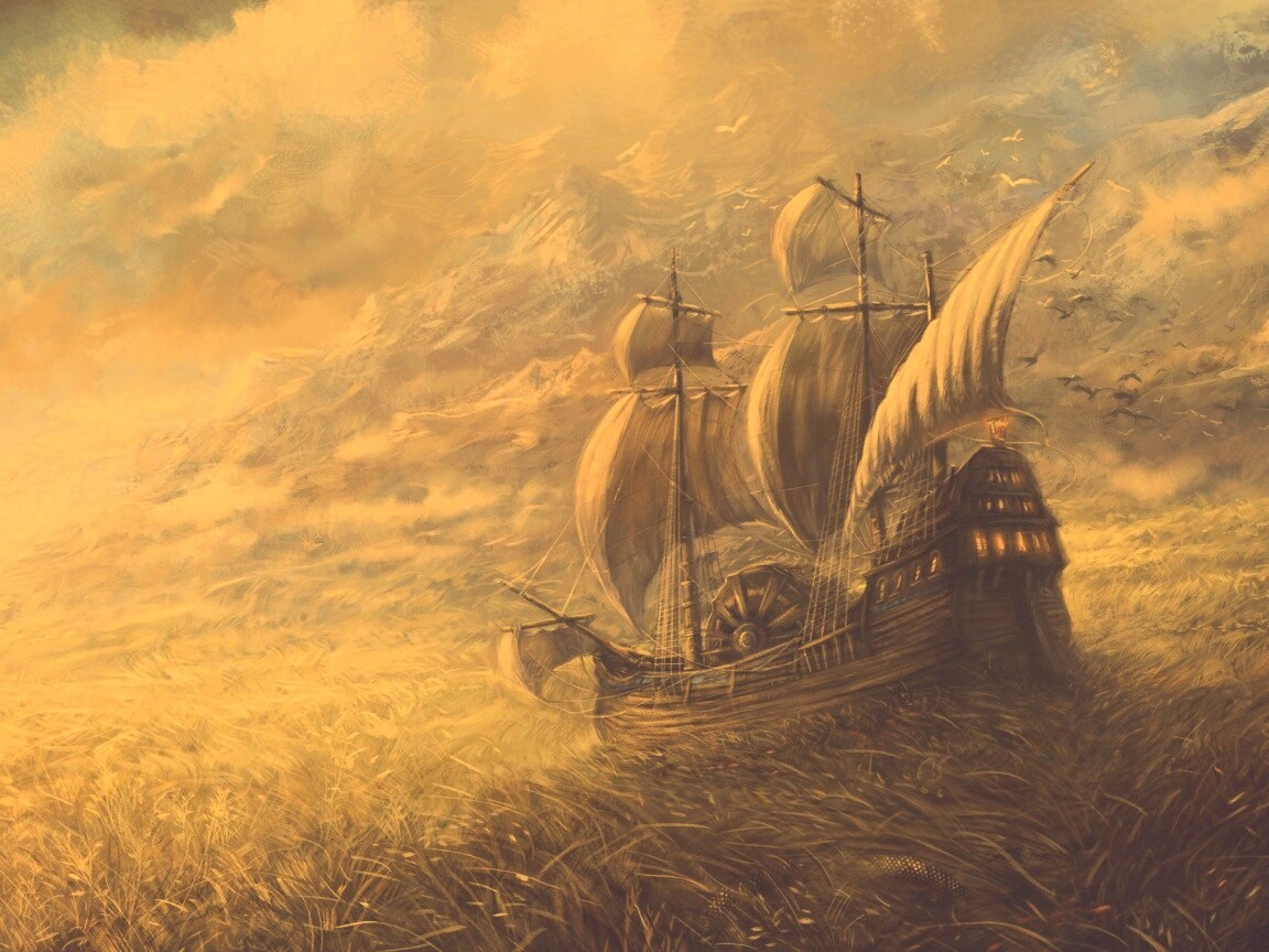 Корабль в море травы обои