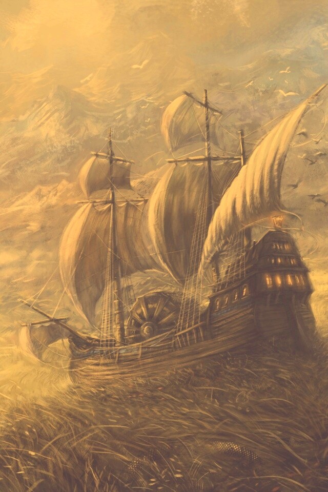 Корабль в море травы обои