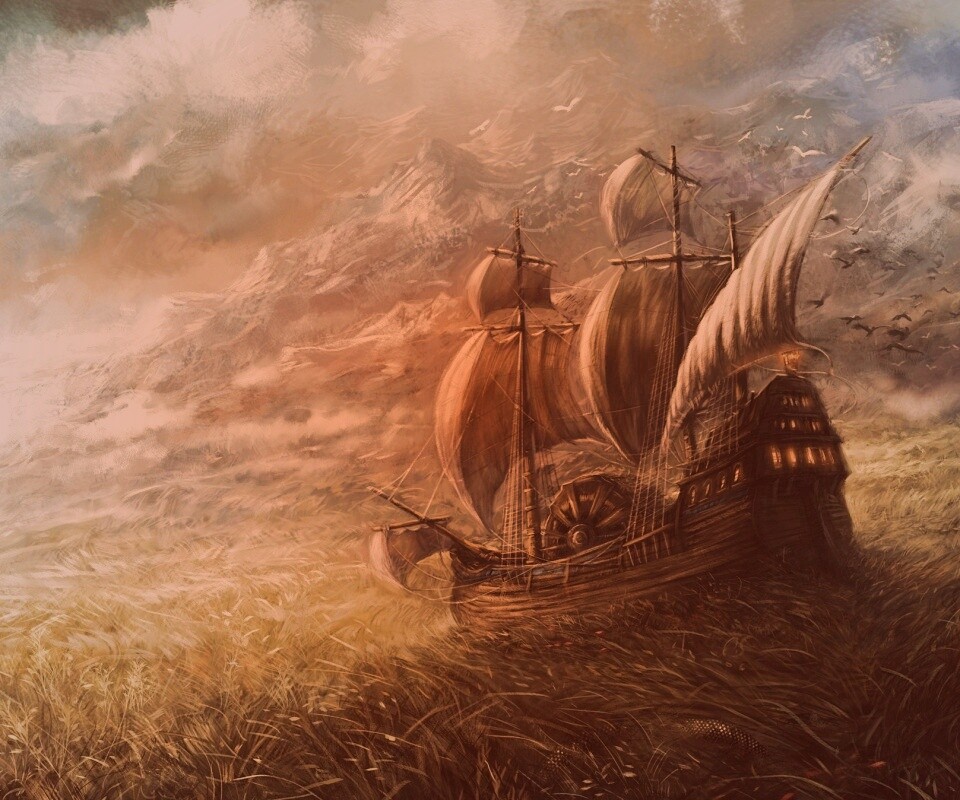 Корабль в море травы обои