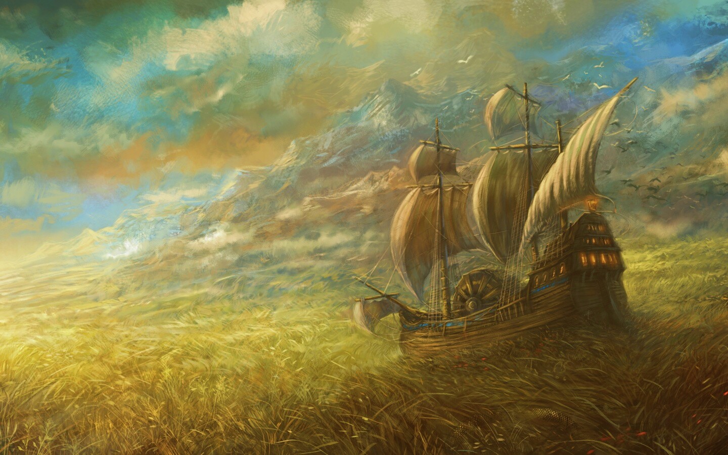 Корабль в море травы обои
