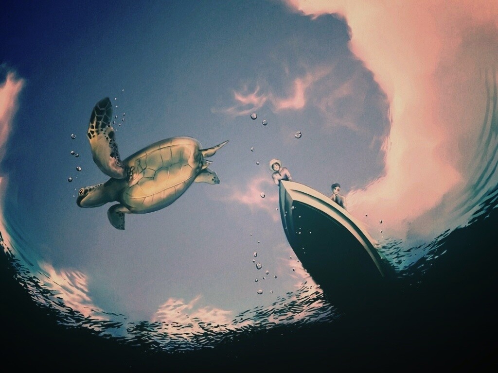 Катер и водная черепаха обои