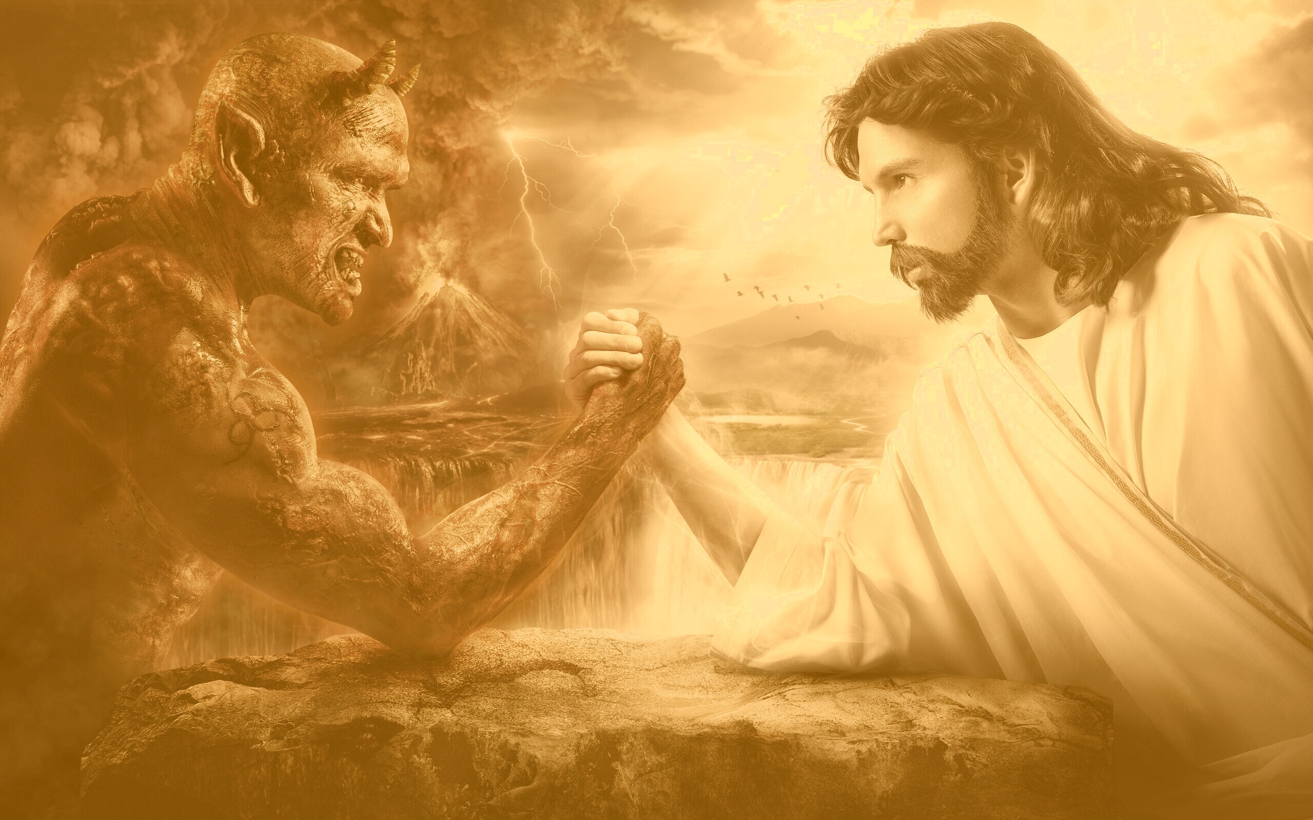 А поле битвы сердца людей. " Иисус. Бог и человек". ( Jesus).. Иисус против дьявола. Бог против сатаны.