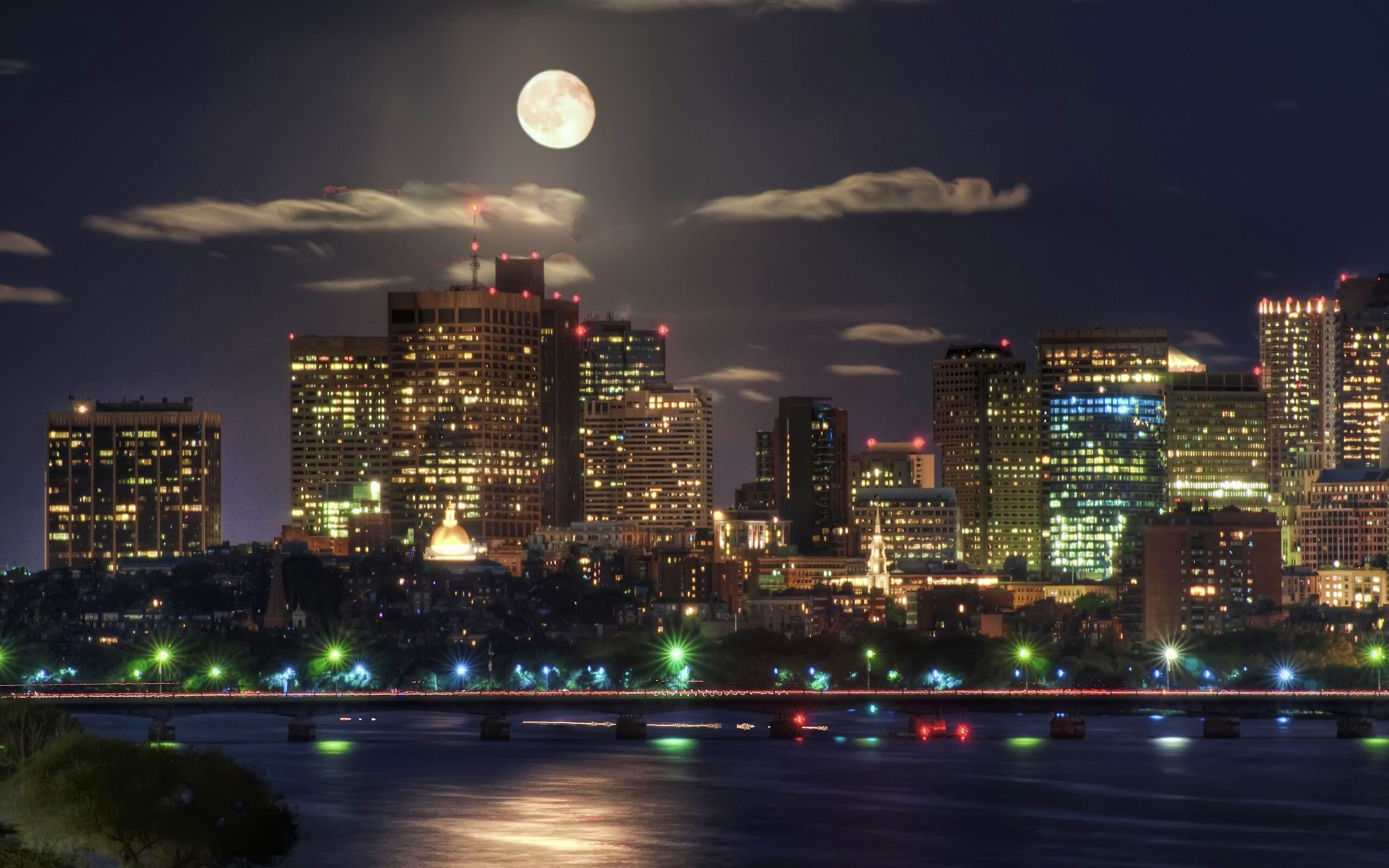 Бостон, США, ночь, огни загрузить