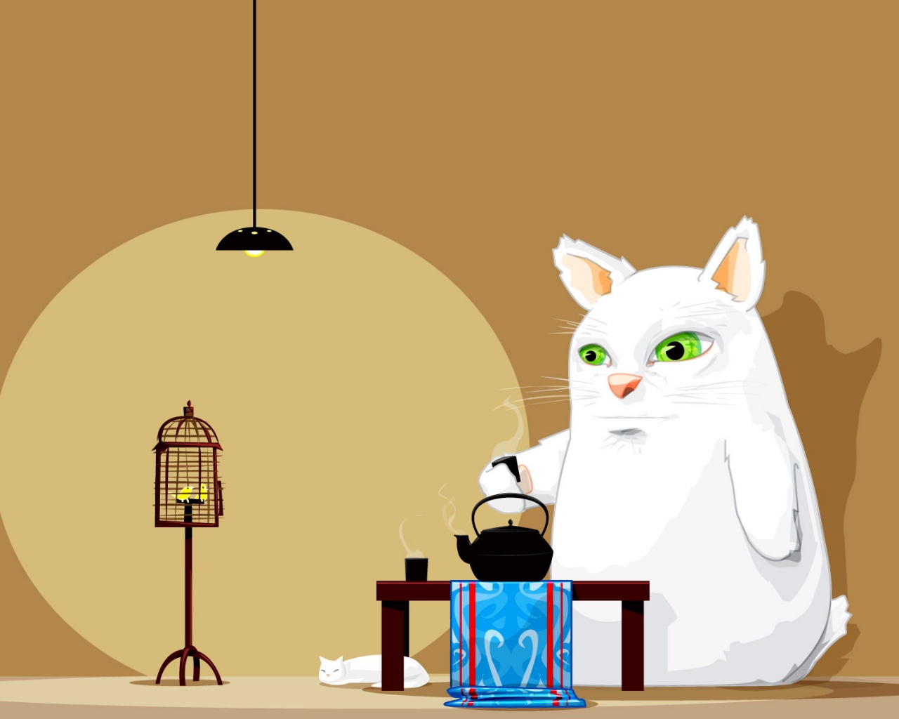 Кот пьет чай обои