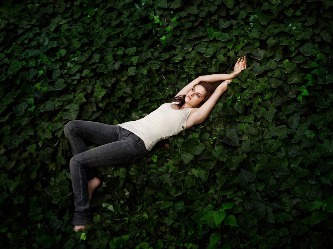 Кристен Стюарт на ковре из листьев обои