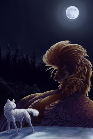 Волк и лев при луне обои