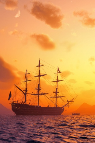 Трехпалубный парусный корабль на закате обои