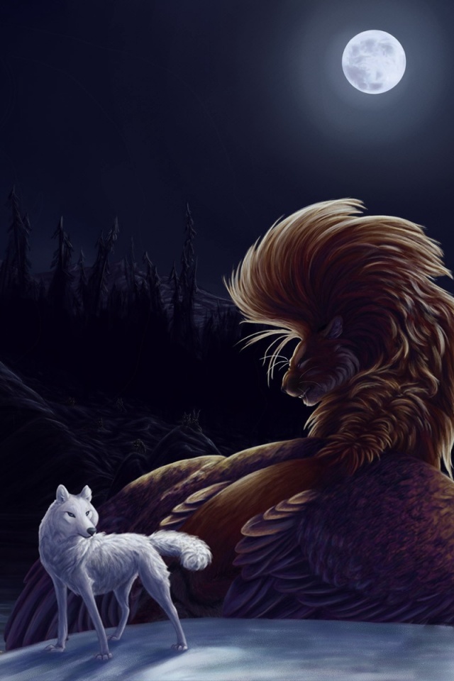 Волк и лев при луне обои