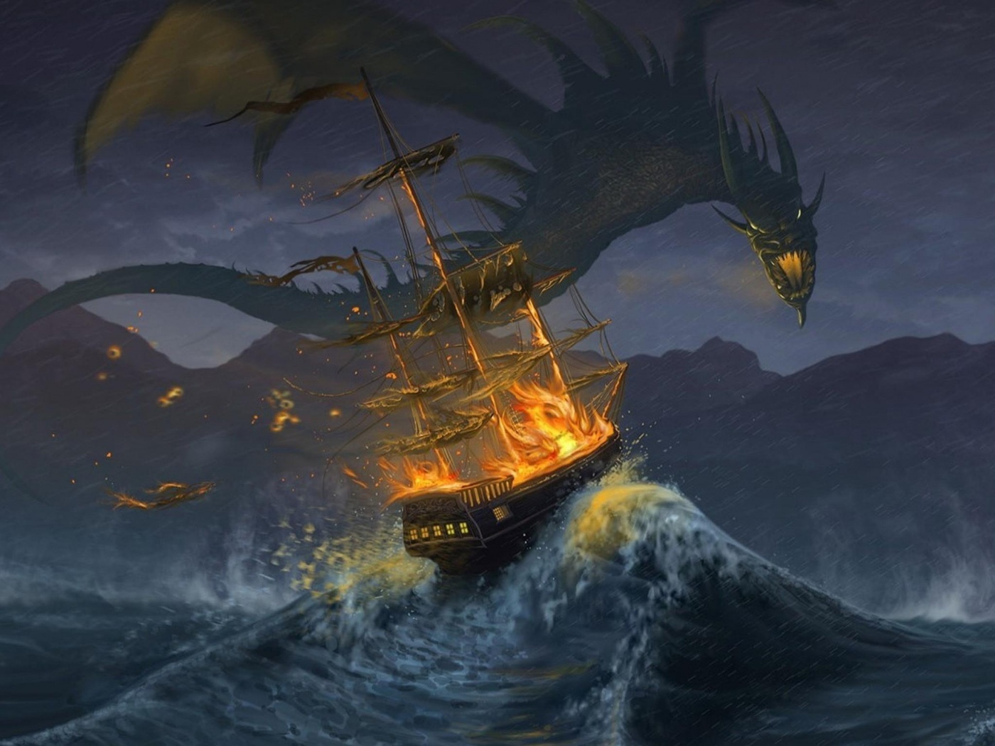 Дракон нападает на корабль обои