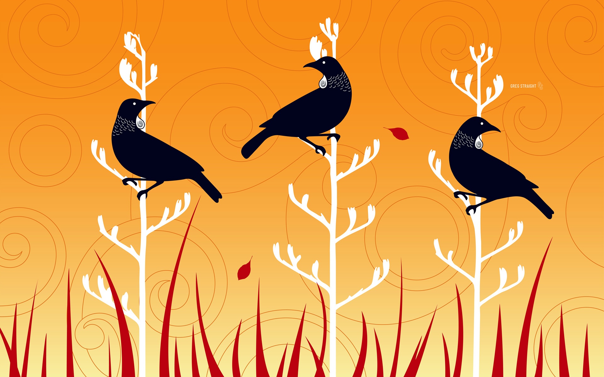Векторные стилизованные птицы на ветках дерева обои